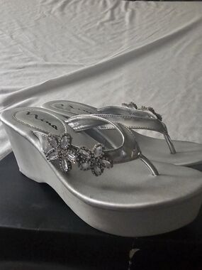 Nina Silver Jeweled Wedge Thong Sandals